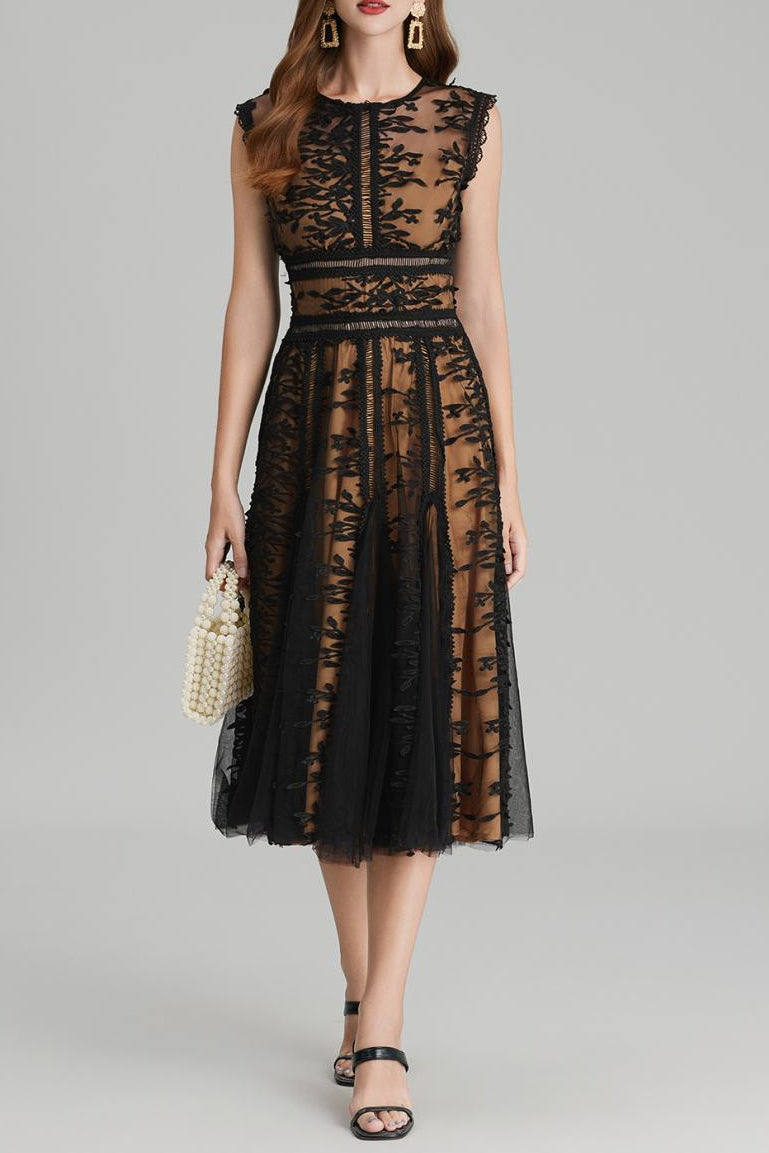 PHOENIX 3D LACE MIDI DRESS BLACK EMBROIDERED