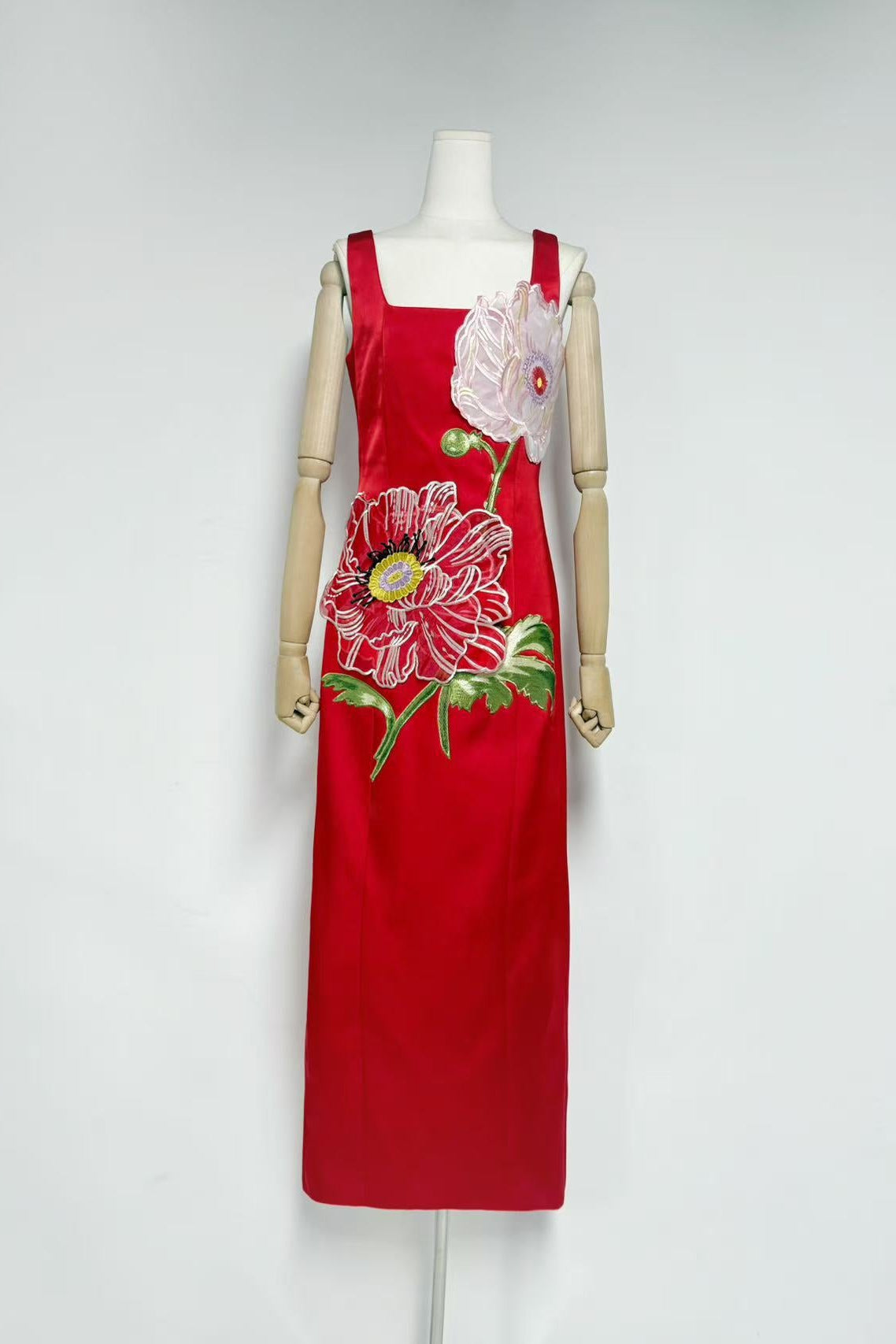 NICOLA RED SATIN SQUARE NECK EMBROIDERED MAXI DRESS