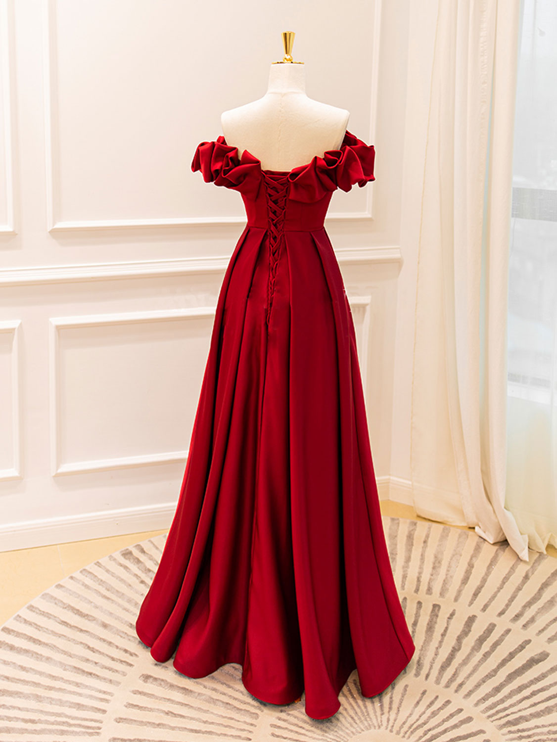 A-LINE OFF-SHOULDER BURGUNDY SATIN COCKTAIL DRESS