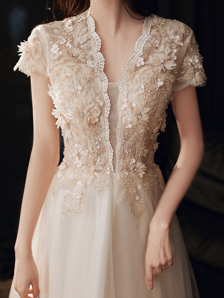 3D FLORAL LACE TULLE EVENING GOWN, FLOOR-LENGTH