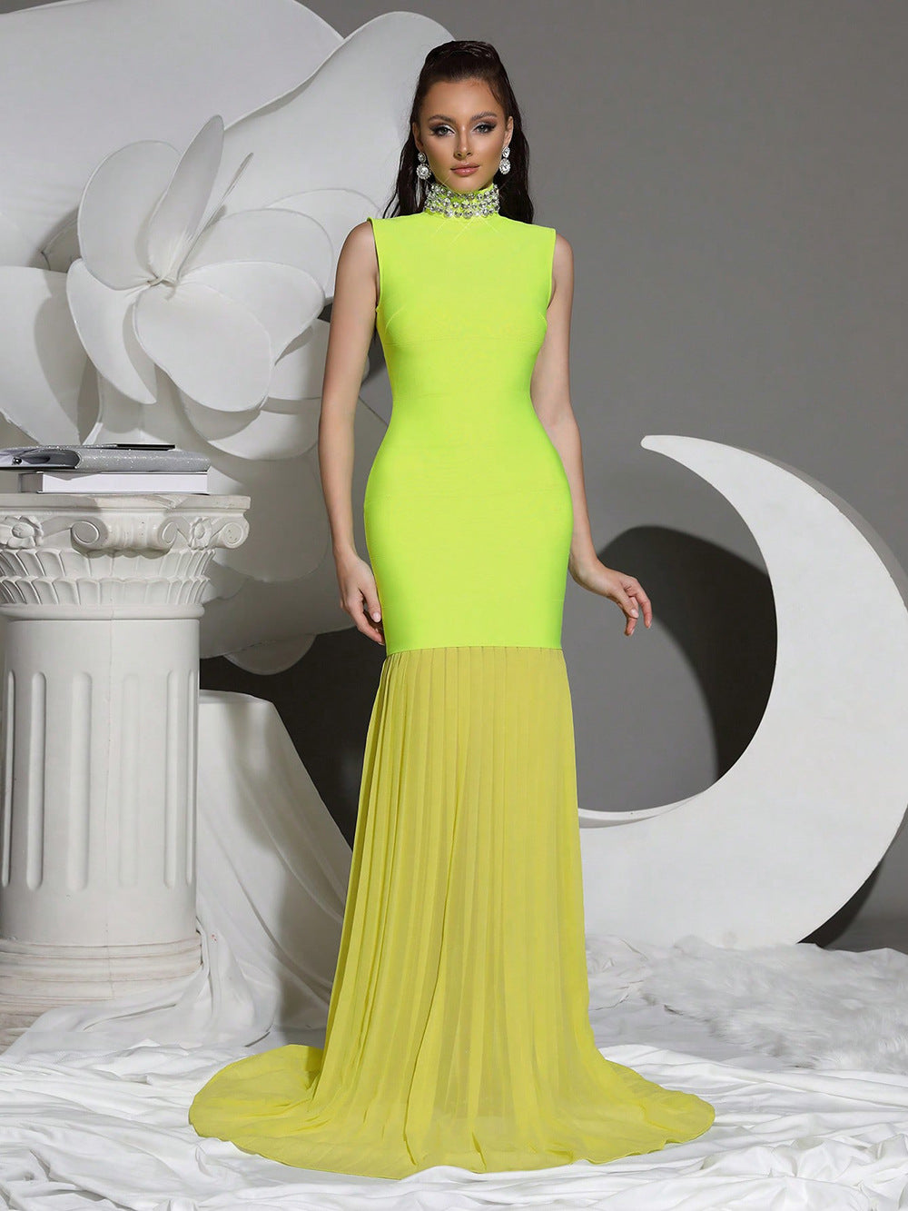 GREEN MESH DIAMOND BANDAGE HIGH COLLAR MAXI DRESS