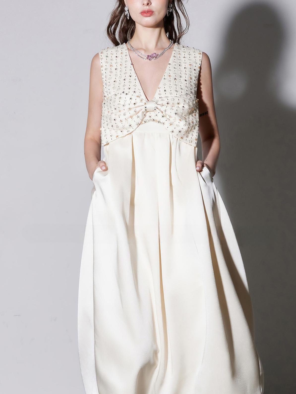 ALVA V-NECK SATIN MAXI DRESS, WHITE, RHINESTONE EMBROIDERY