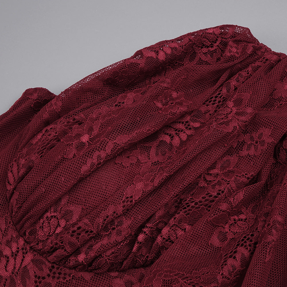 WENDY BURGUNDY LACE ONE-SHOULDER MAXI DRESS FOR EVENTS