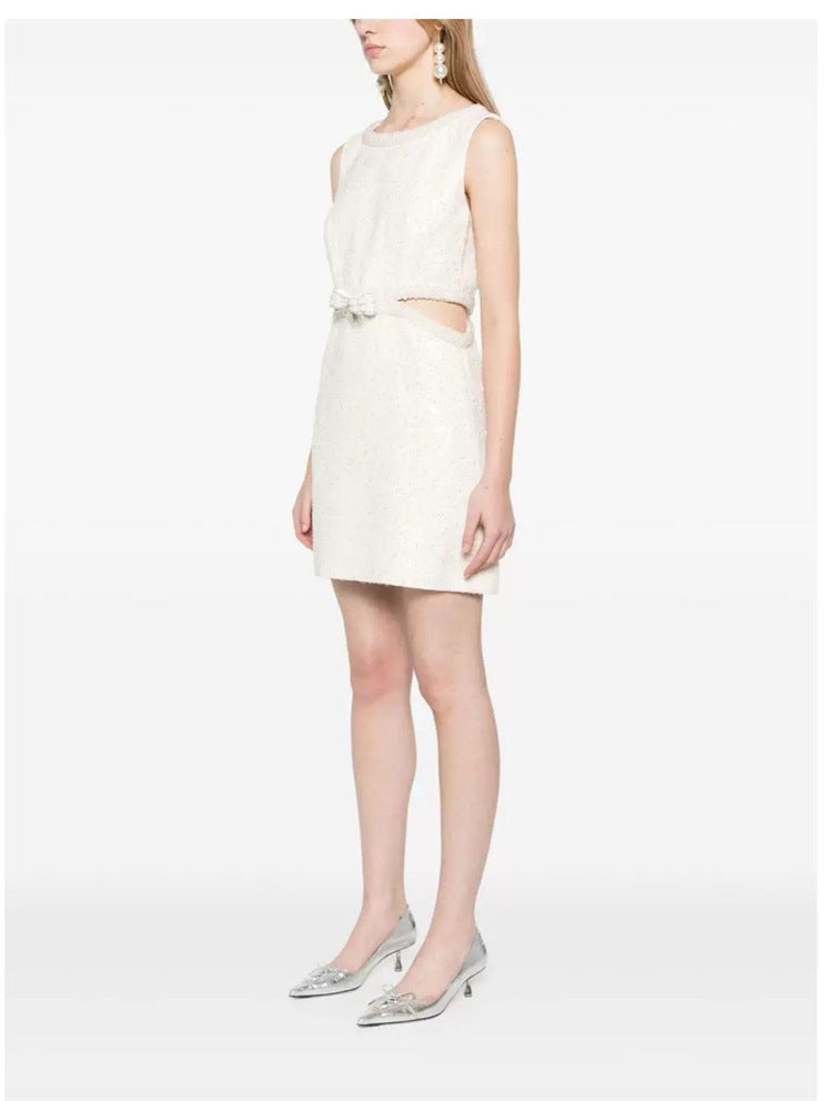 CUT-OUT CREAM BOUCLE PEARL MINI DRESS