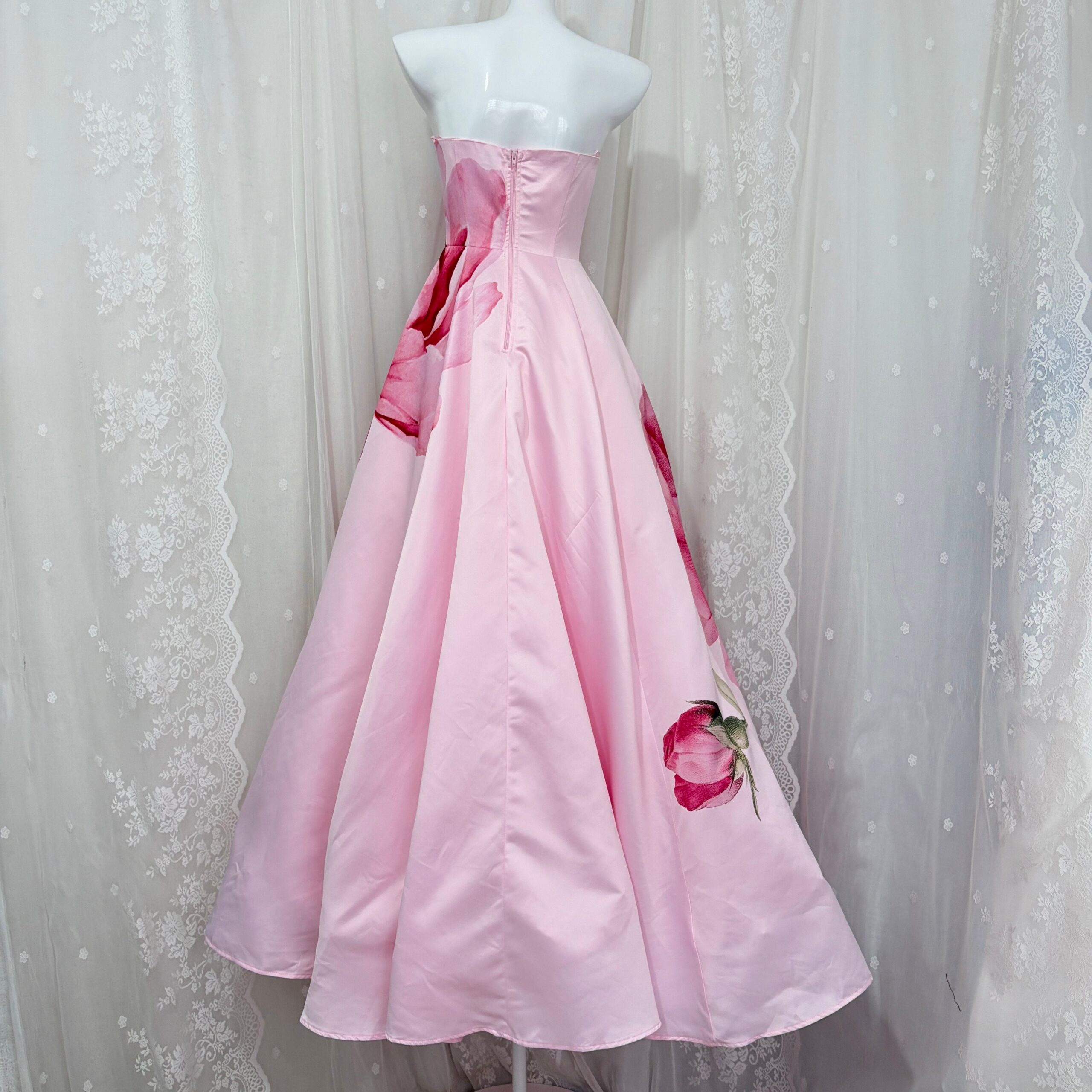 GLAMOROUS PINK STRAPLESS FLORAL SATIN BALL GOWN