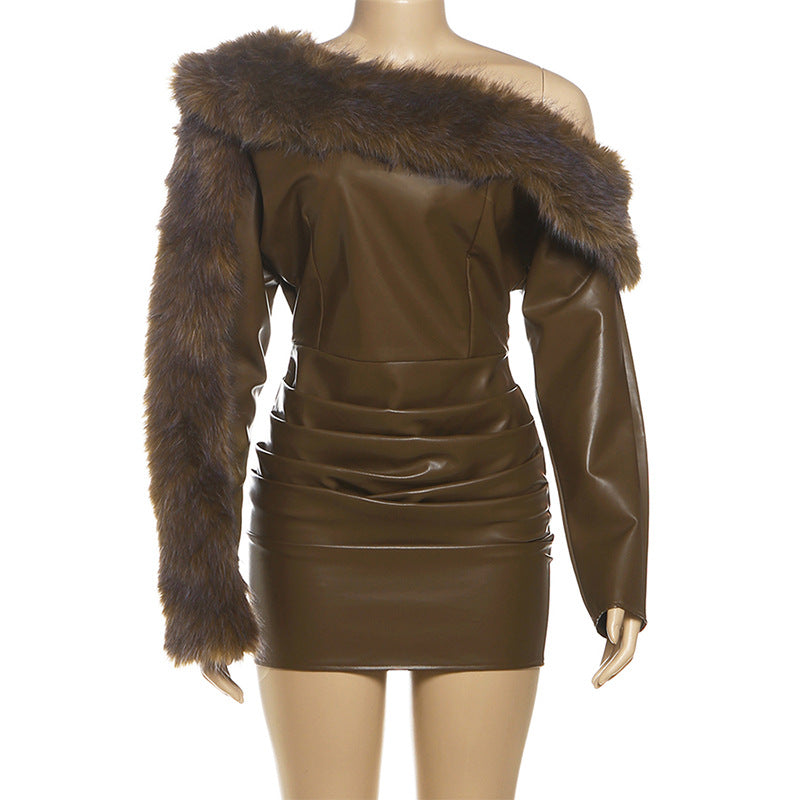 SIBYL ASYMMETRIC LEATHER MINI DRESS BROWN