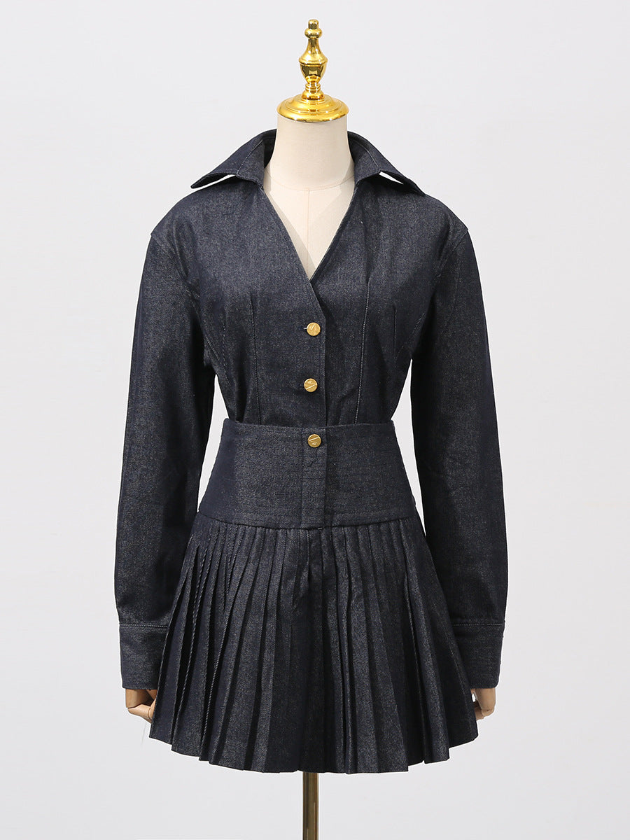 FLORENCE SINGLE-BREASTED TOP & PLEATED SKIRT NAVY BLUE