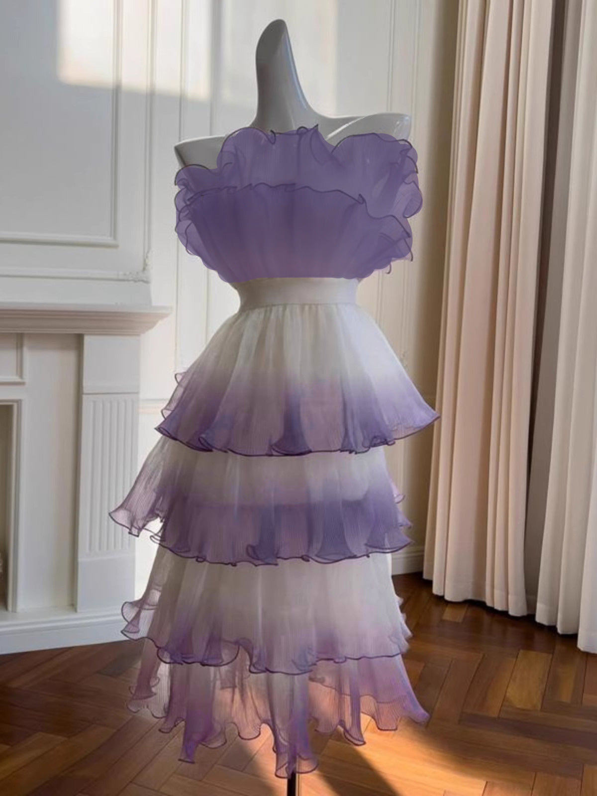 PURPLE GRADIENT RUFFLE LAYERED MINI DRESS
