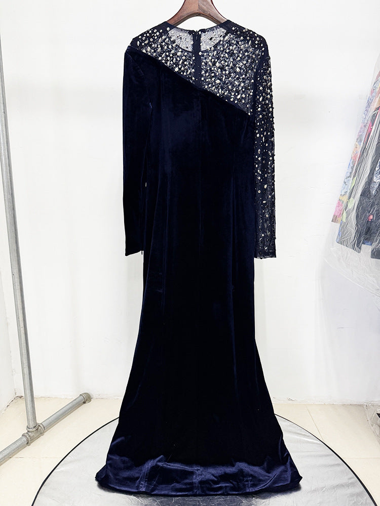 RIVA CRYSTAL VELVET COLUMN MAXI DRESS, DARK BLUE