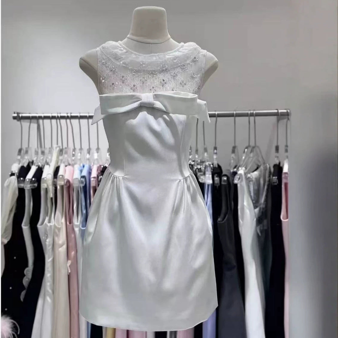 LACE RHINESTONE BOW SATIN A-LINE MINI DRESS