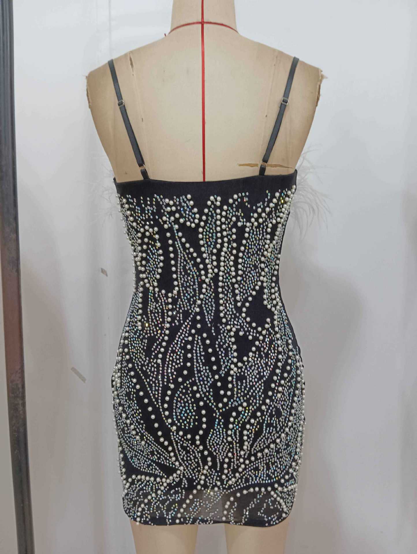 ZENOBIA PEARL MINI DRESS, DEEP V-NECK BACKLESS PARTY