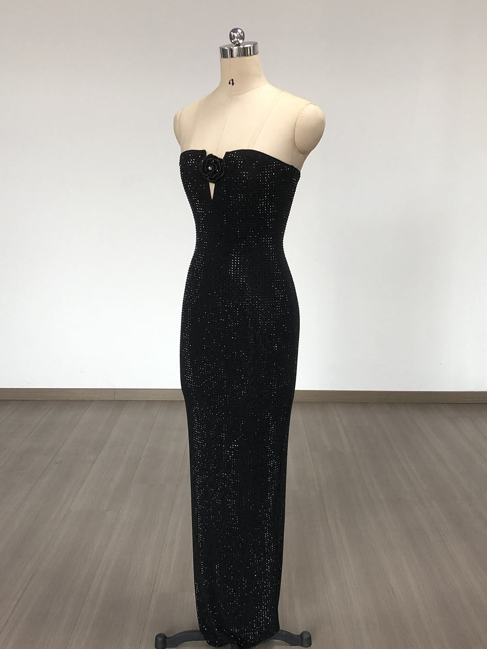 STRAPLESS BLACK RHINESTONE MAXI DRESS FOR EVENTS