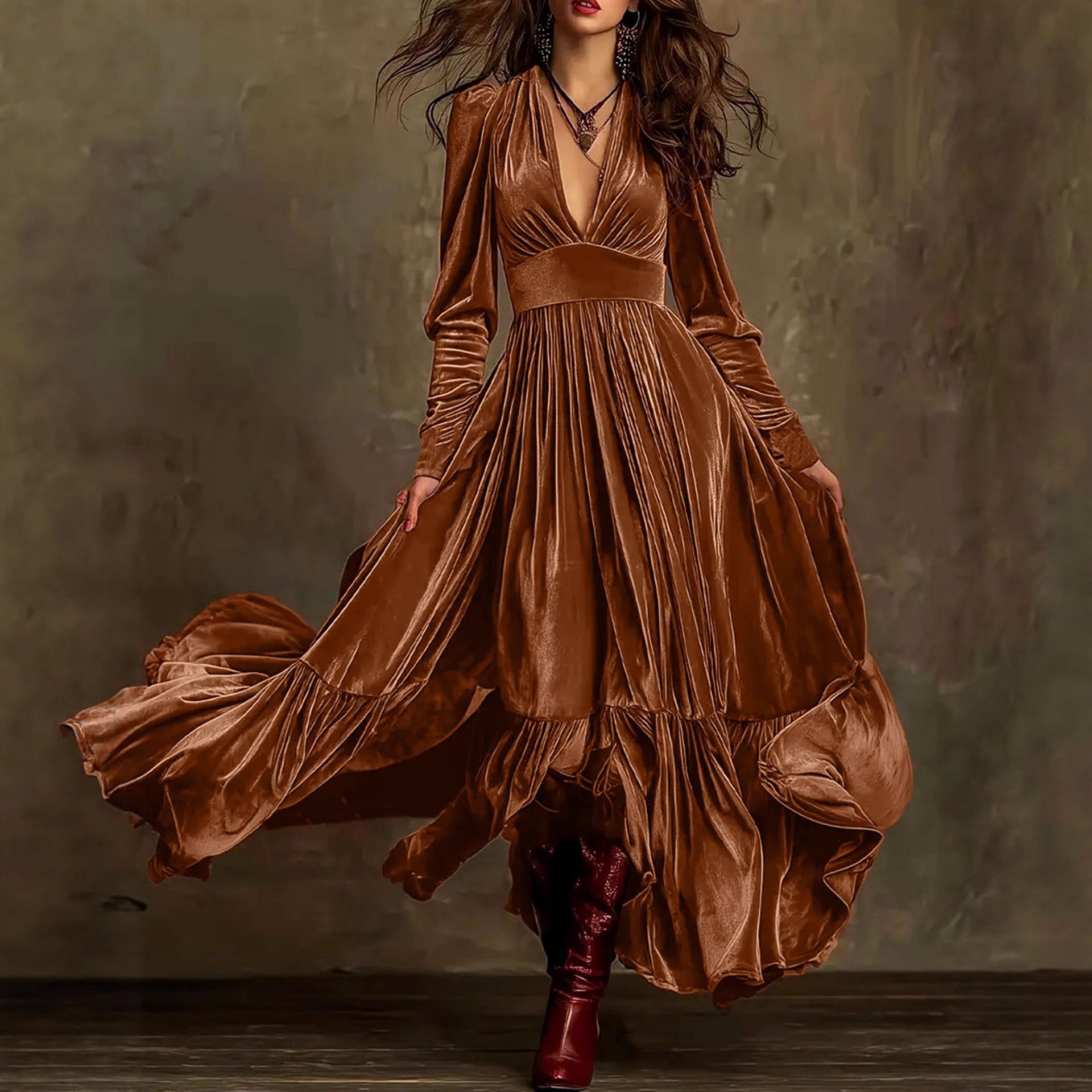 RETRO V-NECK VELVET RUFFLE SWING DRESS