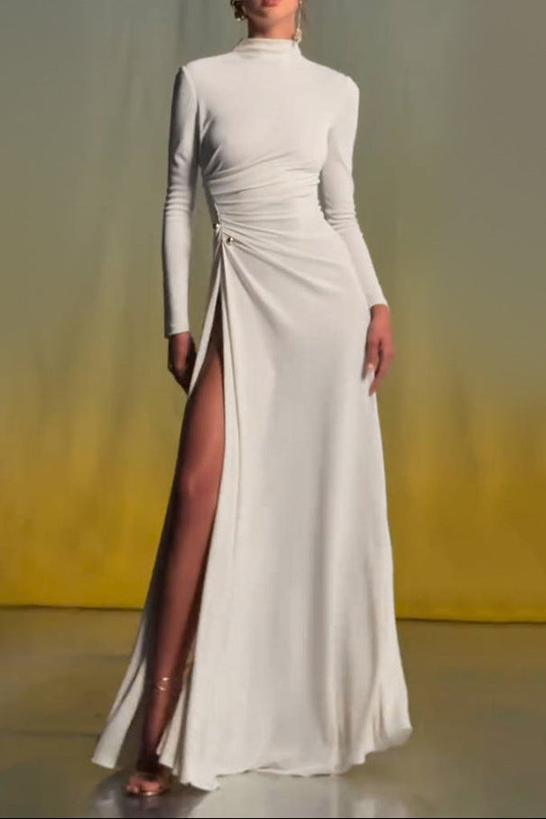 RITA METALLIC MAXI DRESS, LONG SLEEVE, HIGH SLIT, WHITE
