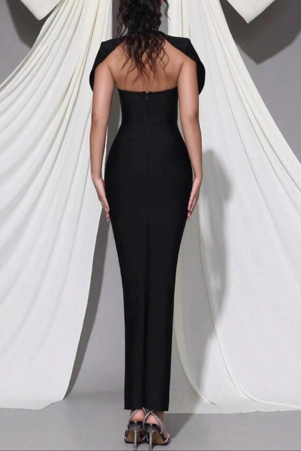 SIBYL BLACK SHAWL BANDAGE MAXI DRESS