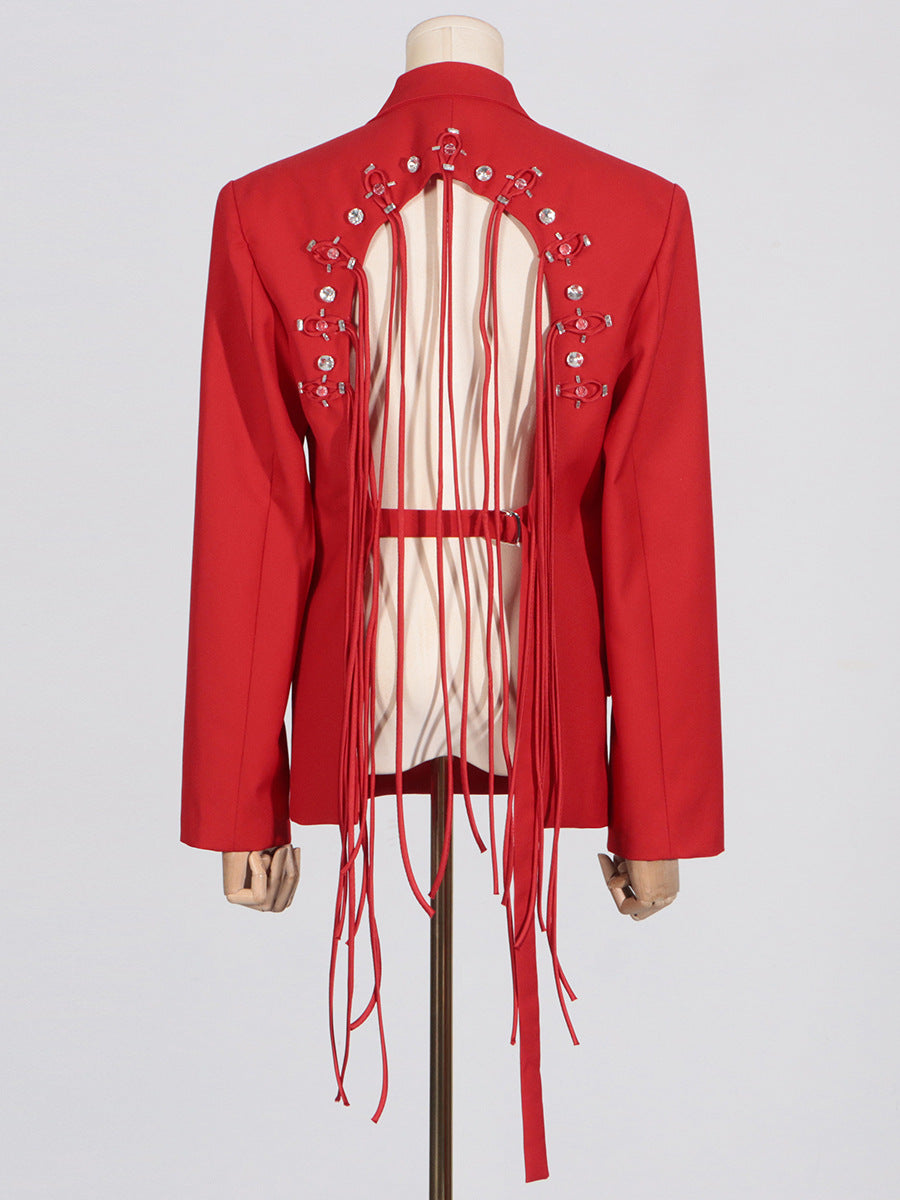 VIENNA RED BACKLESS BLAZER WITH FRINGE CUTOUT