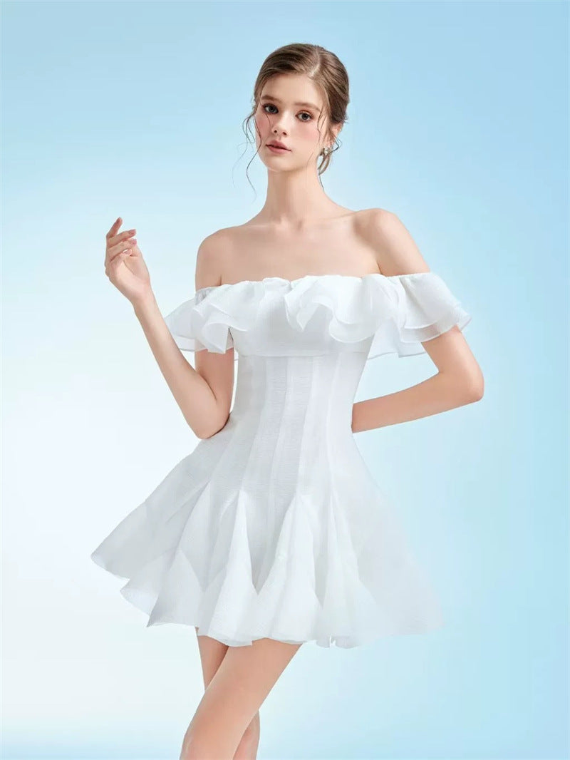 STEPHANIE OFF-SHOULDER RUFFLE MINI DRESS WHITE