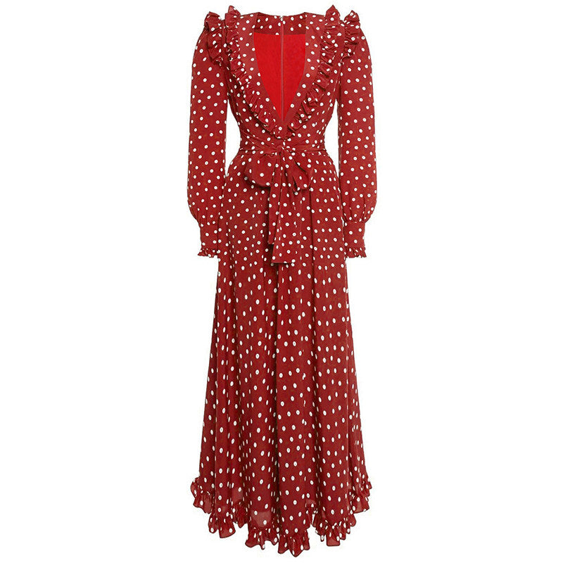 RED POLKA DOT LONG SLEEVE MIDI DRESS