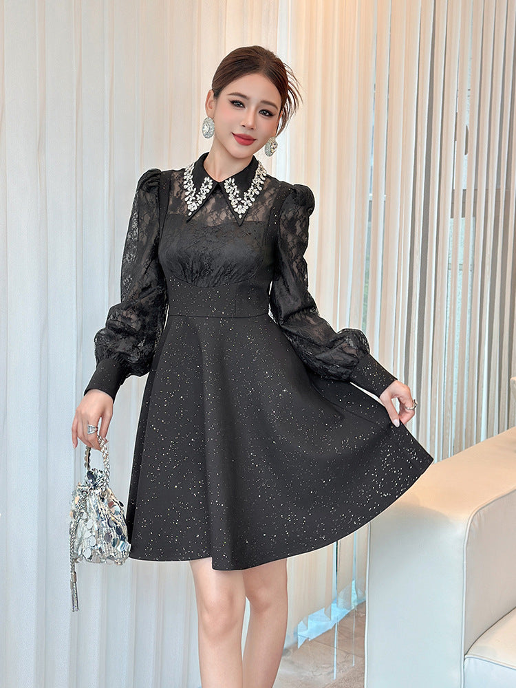 LYNN BLACK RHINESTONE LACE HOLLOW SLEEVE MINI DRESS