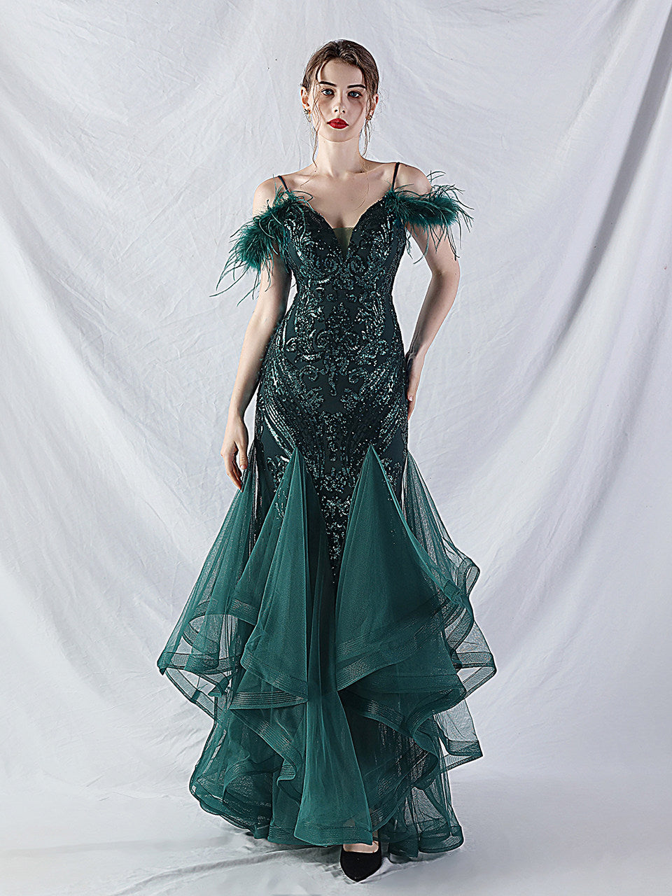 FEATHER SEQUIN STRAPLESS TULLE MAXI DRESS