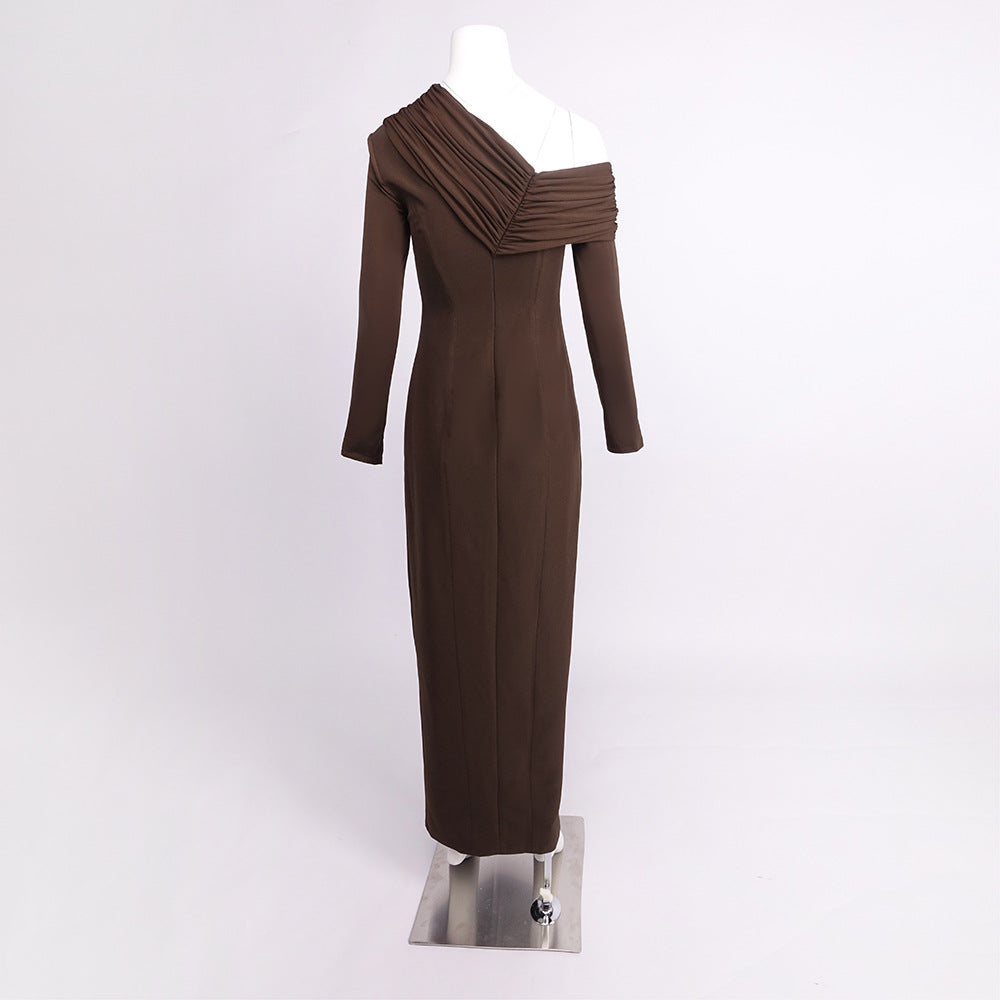 MAUD ONE-SHOULDER PLEATED MAXI DRESS BROWN