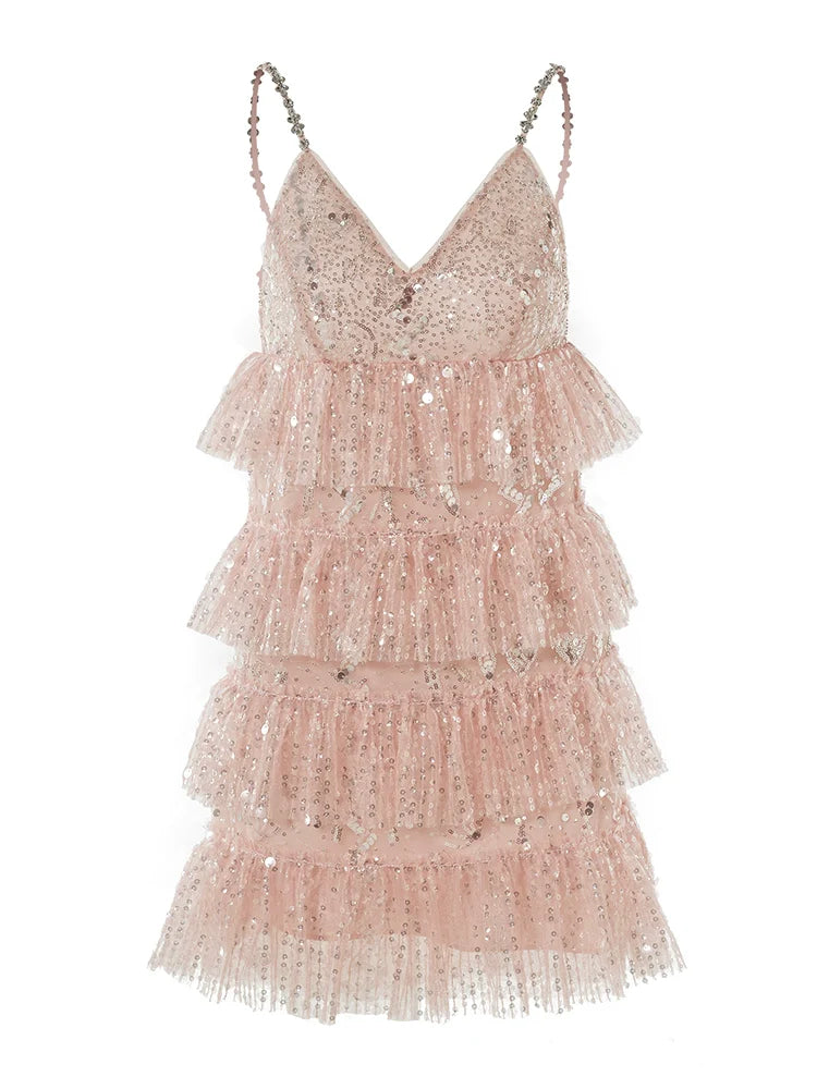 PINK SLEEVELESS SEQUIN RUFFLE SHORT PARTY DRESS