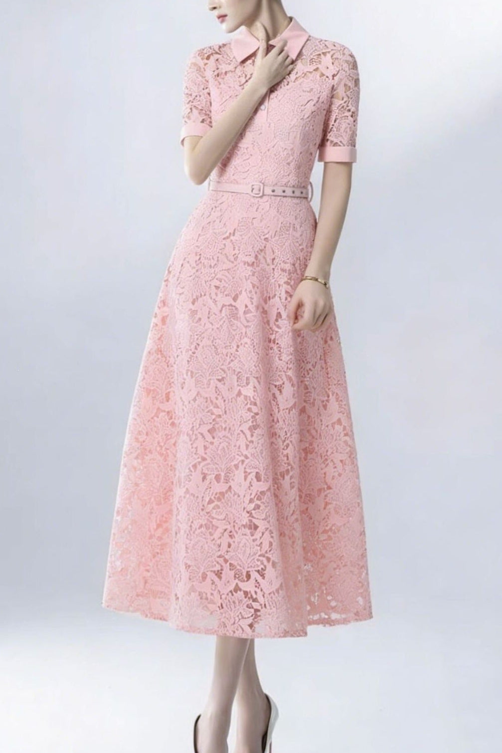 LACE COLLAR BELTED MIDI DRESS FOR WEDDING GUEST