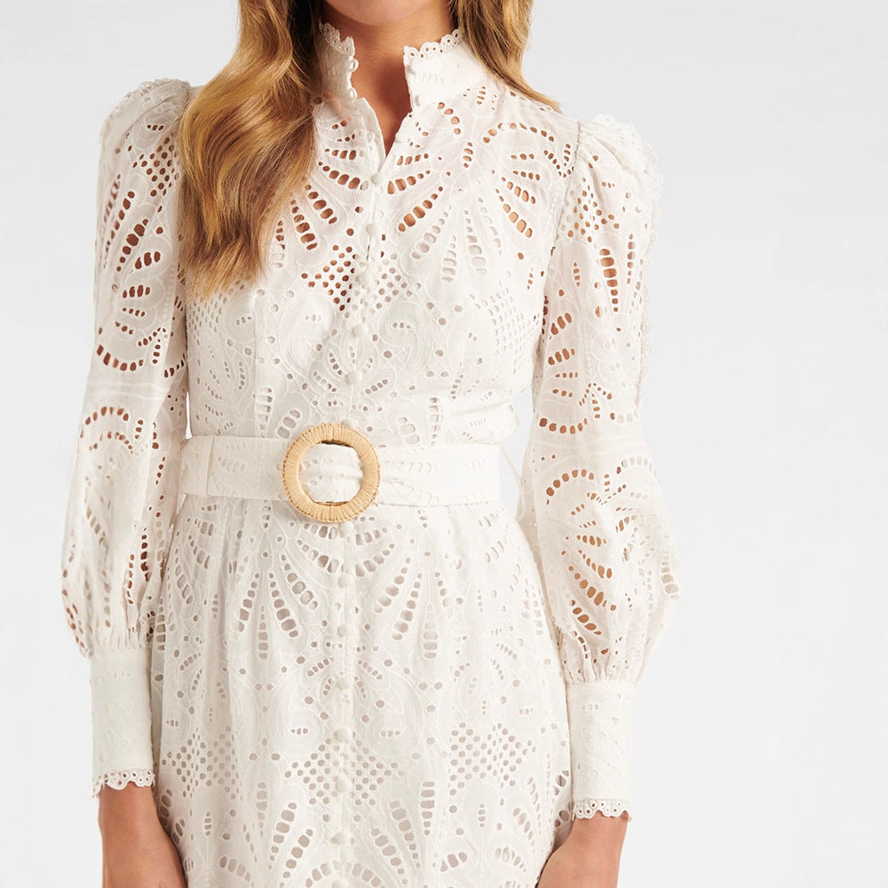 WHITE LACE EMBROIDERY COLLAR WAIST DRESS
