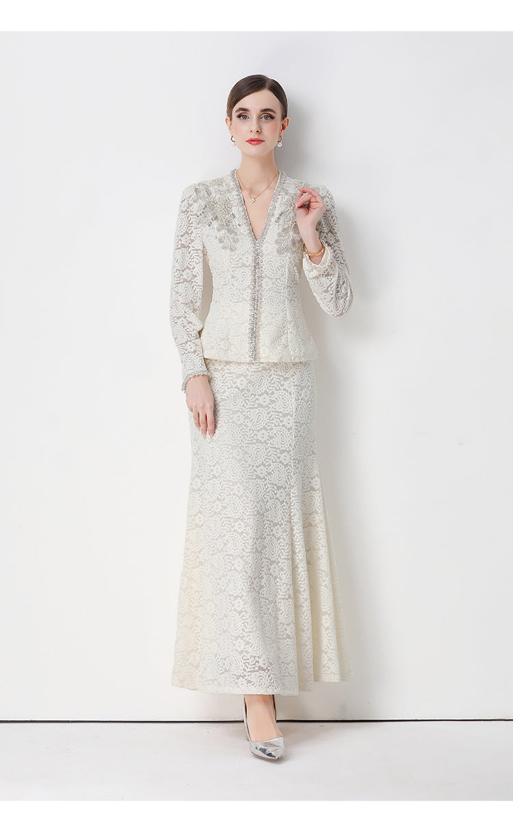 GEORGIA BEADED LACE TOP & FISHTAIL SKIRT SET WHITE