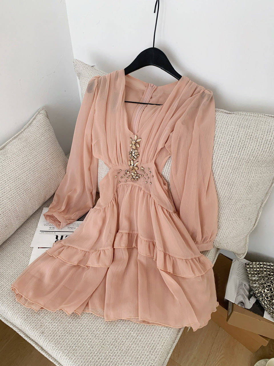 JESSICA CHAMPAGNE PINK RHINESTONE MINI DRESS