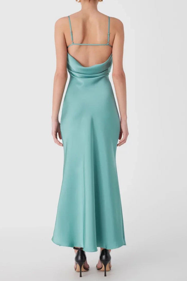 VIDA SATIN MIDI DRESS IN JUNIPER GREEN
