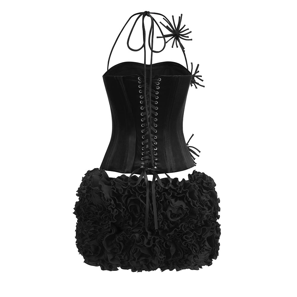 VELVET CORSET FLORAL MINI SKIRT SUIT BLACK