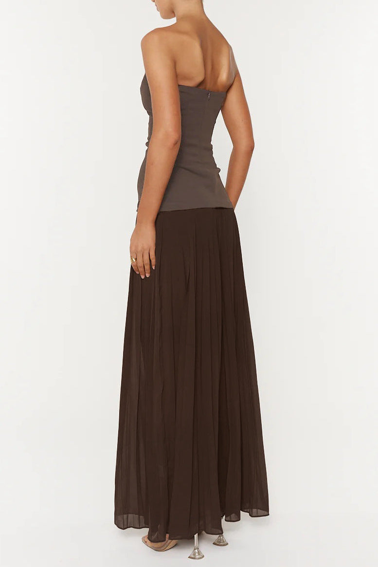 NELLY STRAPLESS BROWN PLEATED MAXI DRESS