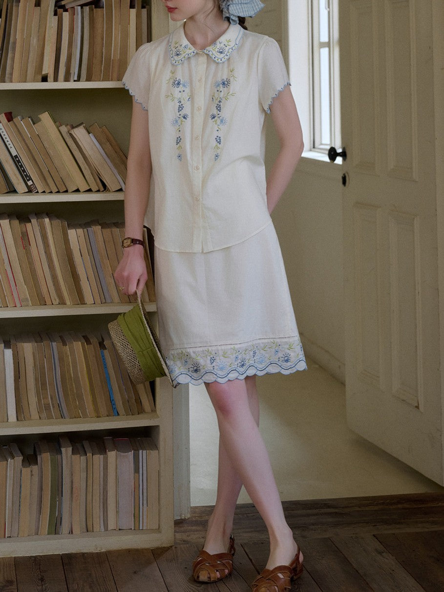 COTTON DOLL COLLAR EMBROIDERY SKIRT SET