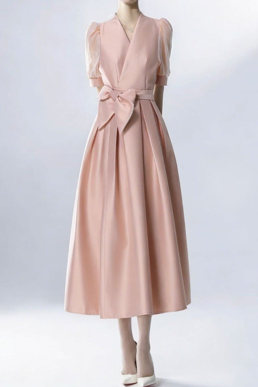 SATIN PUFF SLEEVE BOW BELT MIDI DRESS