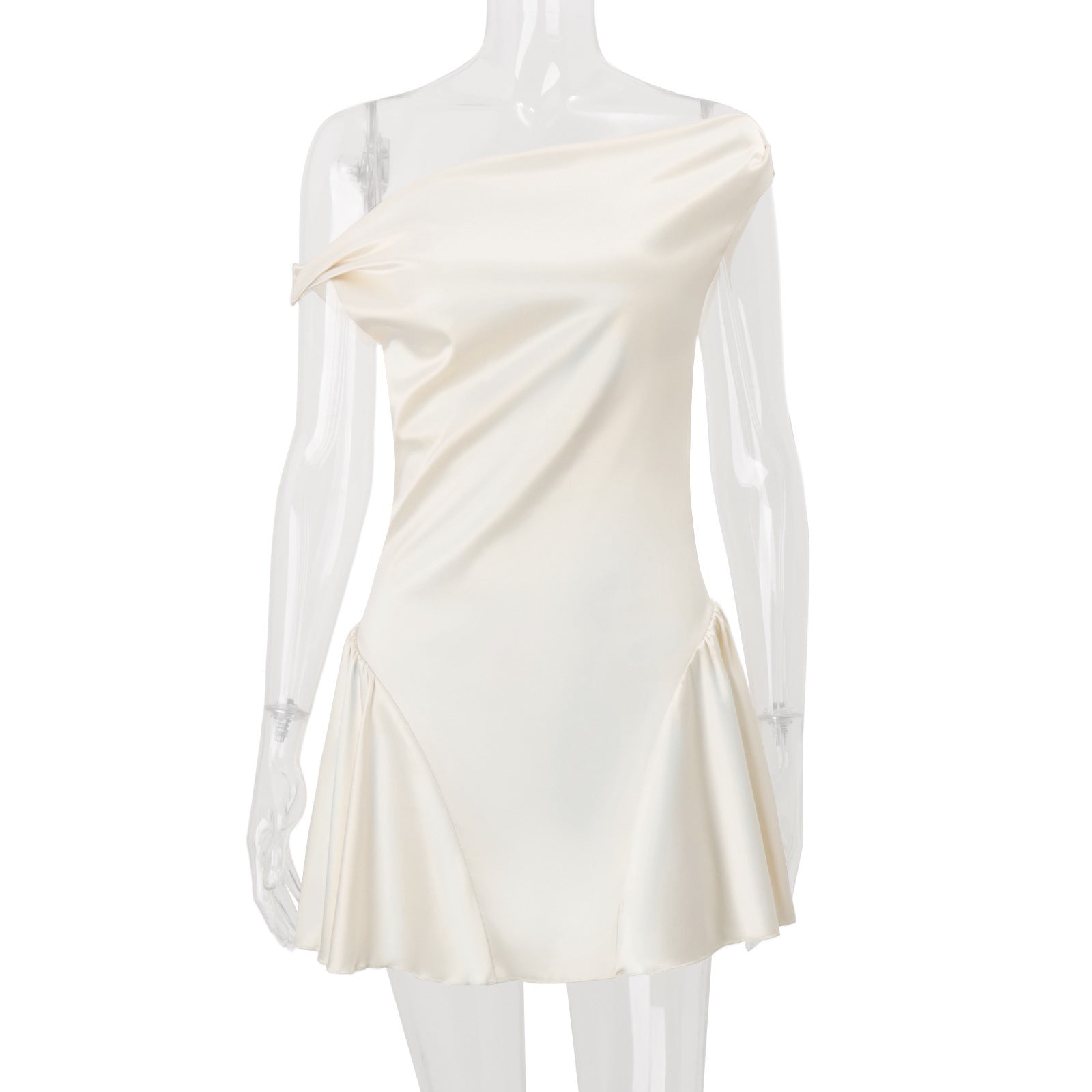 SATIN RUCHED MINI DRESS, CREAM WHITE COCKTAIL PARTY