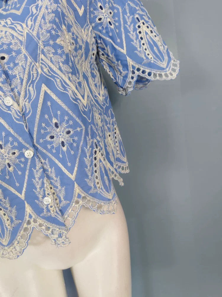 BLUE WHITE EMBROIDERED PUFF SLEEVE LACE BLOUSE