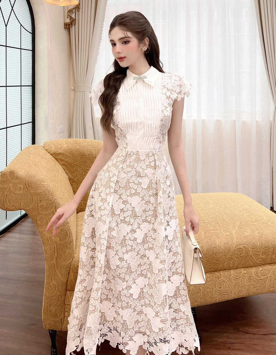 LEILA WHITE LACE MIDI DRESS WITH 3D FLOWER BOW