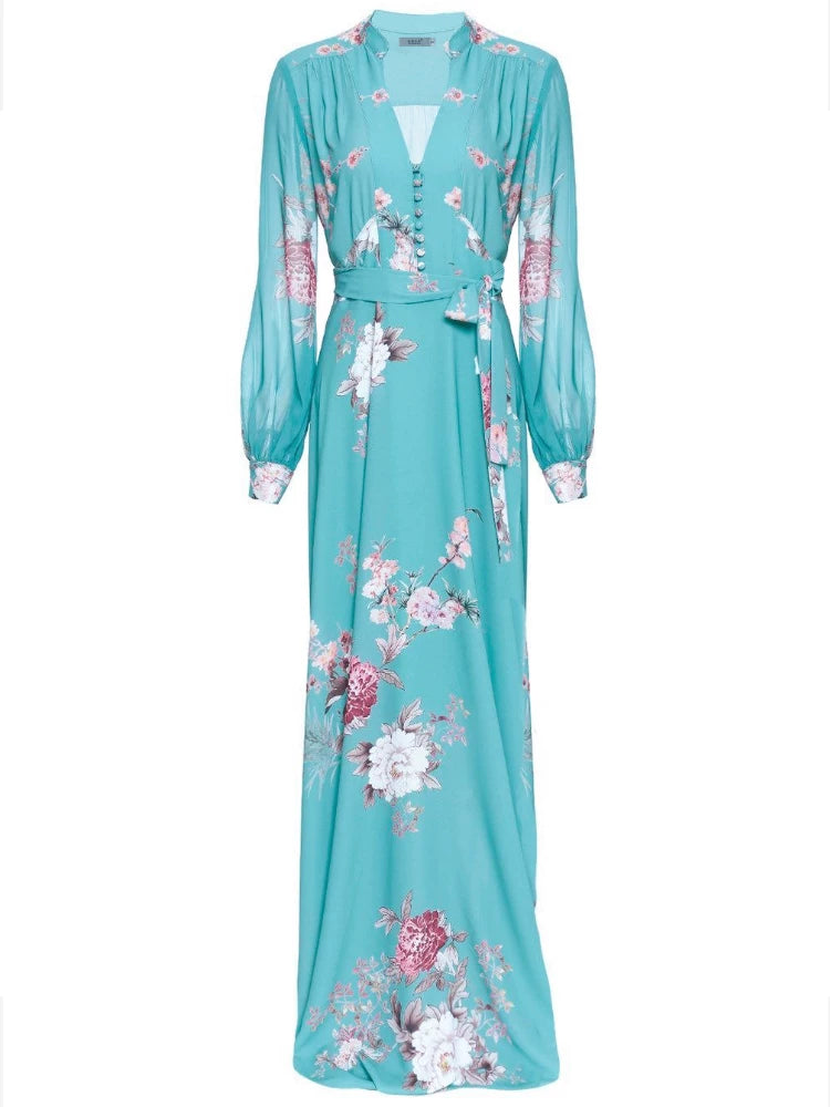BLUE FLORAL V-NECK LONG SLEEVE MAXI DRESS