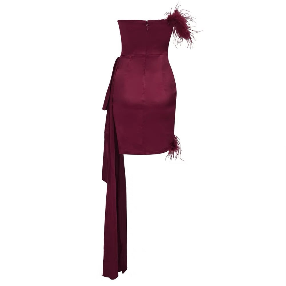 BURGUNDY FEATHER STRAPLESS MINI DRESS, PARTY