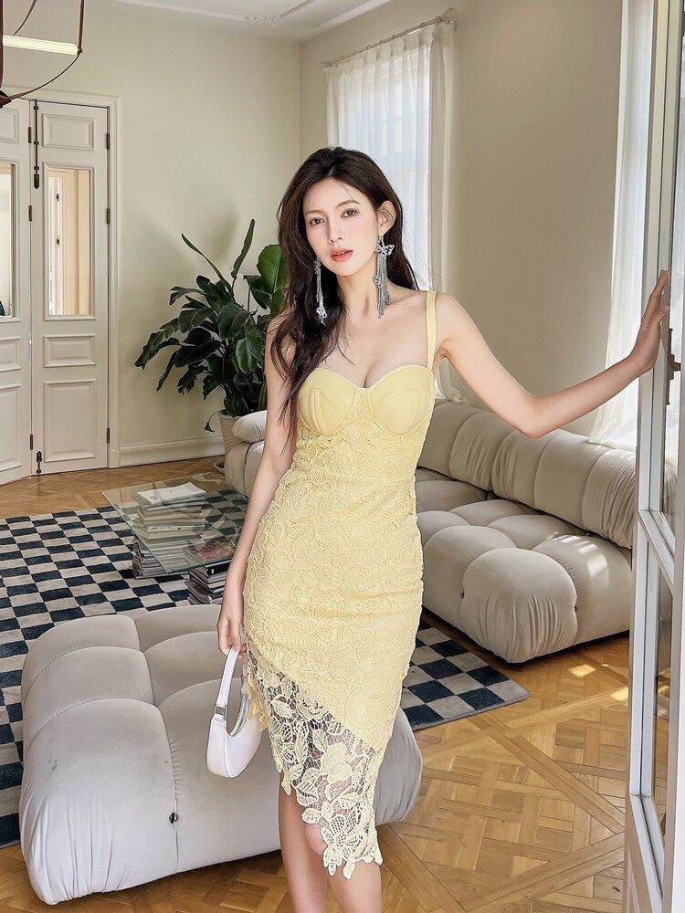 DOLORES YELLOW LACE STRAPPY ASYMMETRICAL MIDI DRESS