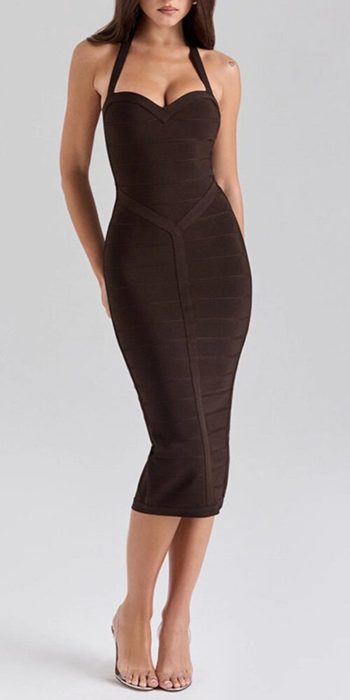 chocolate halter bodycon midi bandage dress
