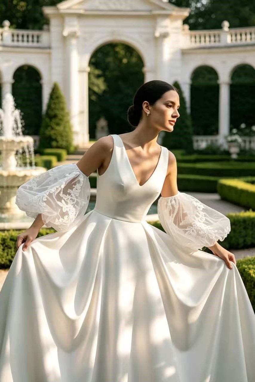SATIN V-NECK A-LINE WEDDING DRESS W/ DETACHABLE LACE SLEEVES