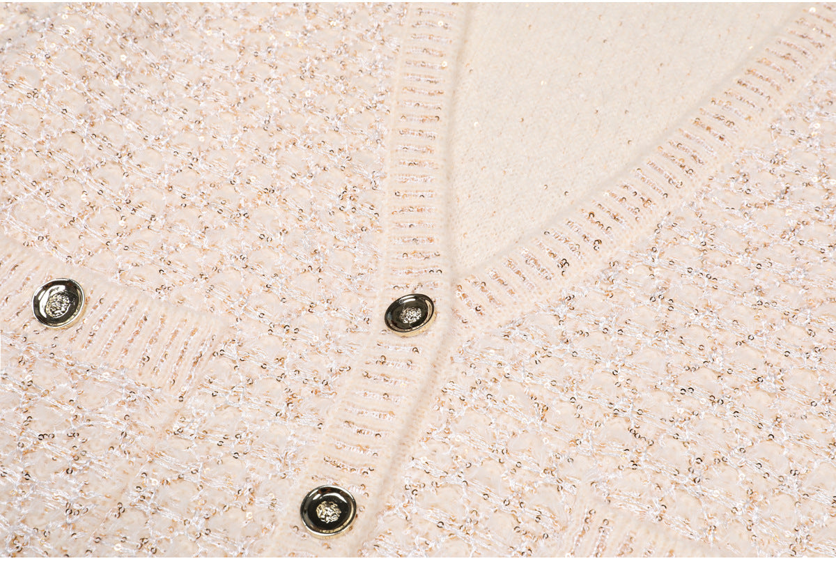 BEIGE SEQUIN V-NECK CARDIGAN FOR EVENING PARTY