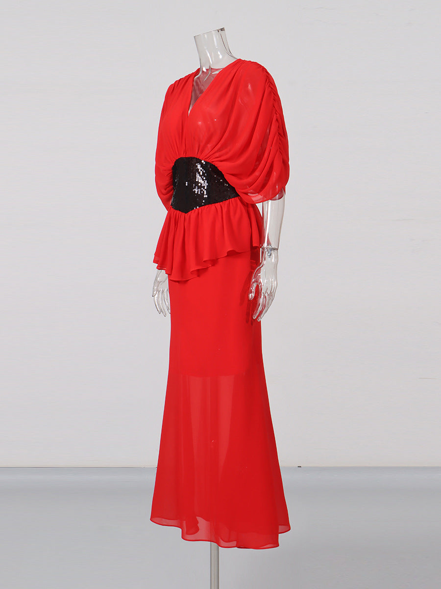 YVETTE V-NECK FISHTAIL BODYCON MAXI DRESS - RED