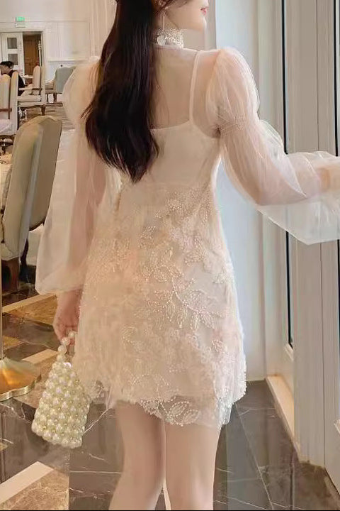 JENNIFER APRICOT FLORAL BEADED TULLE MINI DRESS