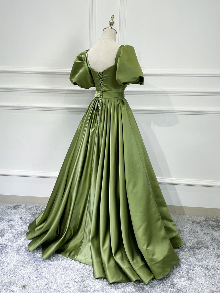GREEN SATIN MAXI PROM DRESS, A-LINE