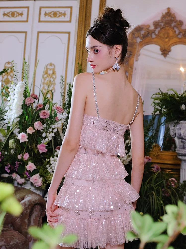 PINK SLEEVELESS SEQUIN RUFFLE SHORT PARTY DRESS