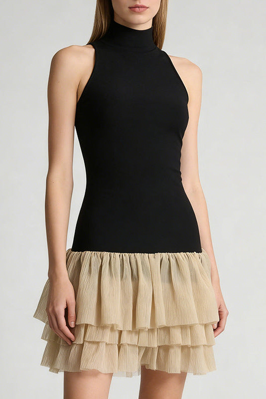 CYNTHIA BLACK RUCHED PUFFY SLEEVELESS MINI DRESS