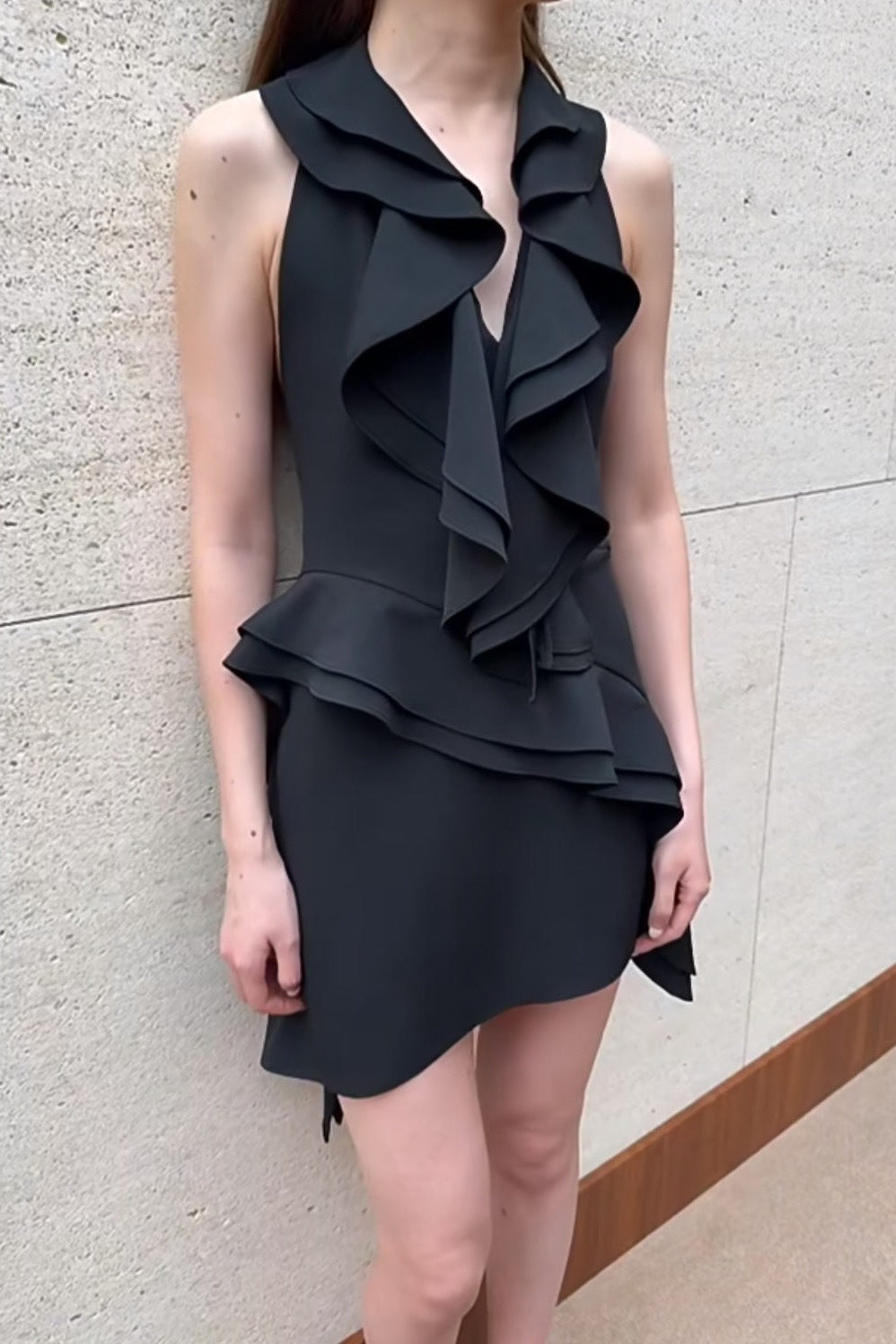 PHOENIX RUFFLED BACKLESS MINI BLACK DRESS